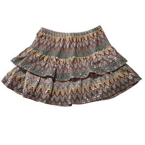 Y2K Vanity L Tiered Mini Skirt Boho Sequin Zigzag Print Ruffle Layered Womens